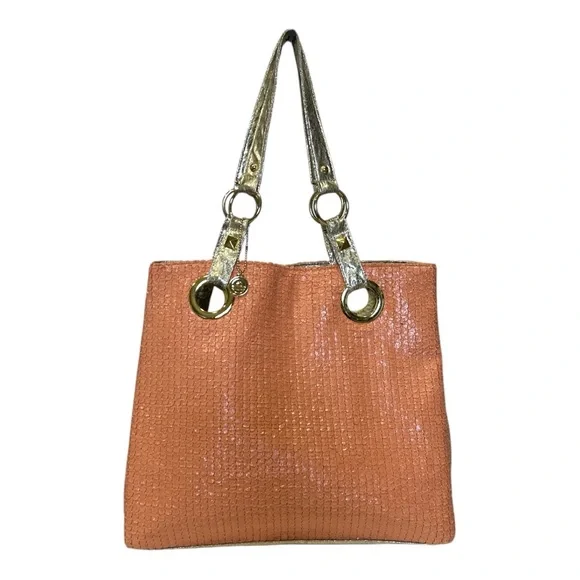 Big Buddha Tote Bag Coral Textured Pattern Gold Trim - Picture 3 of 15